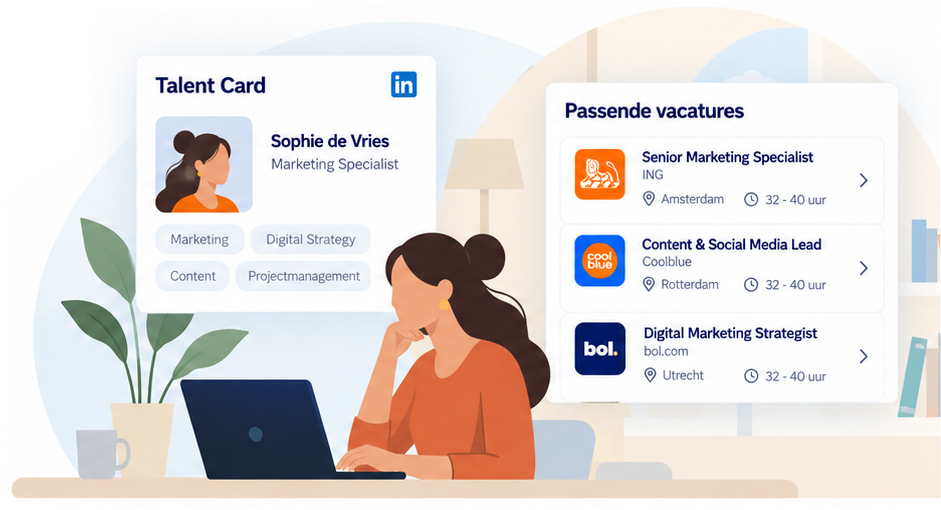 Talent Card, passende vacatures en een kandidaat met lang bruin haar en een rode trui achter haar laptop